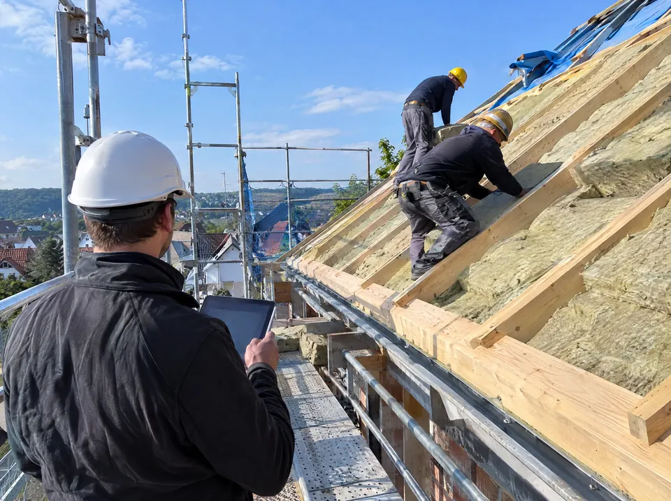 Dachdämmung auf einer Baustelle, Energieberater prüft mit Tablet
