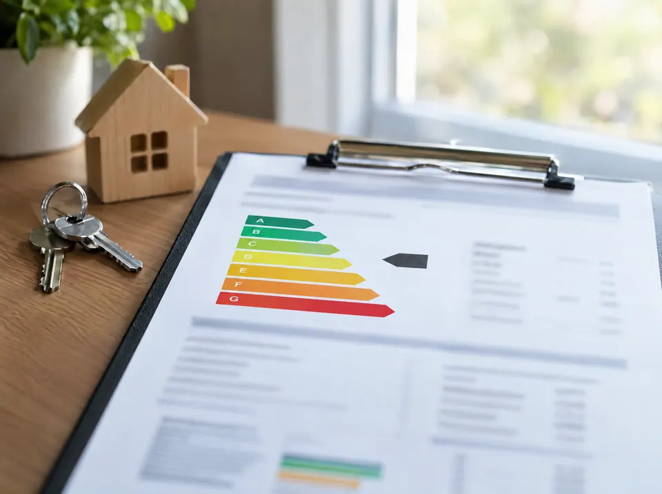Energieausweis mit farbiger Effizienzskala auf einem Klemmbrett