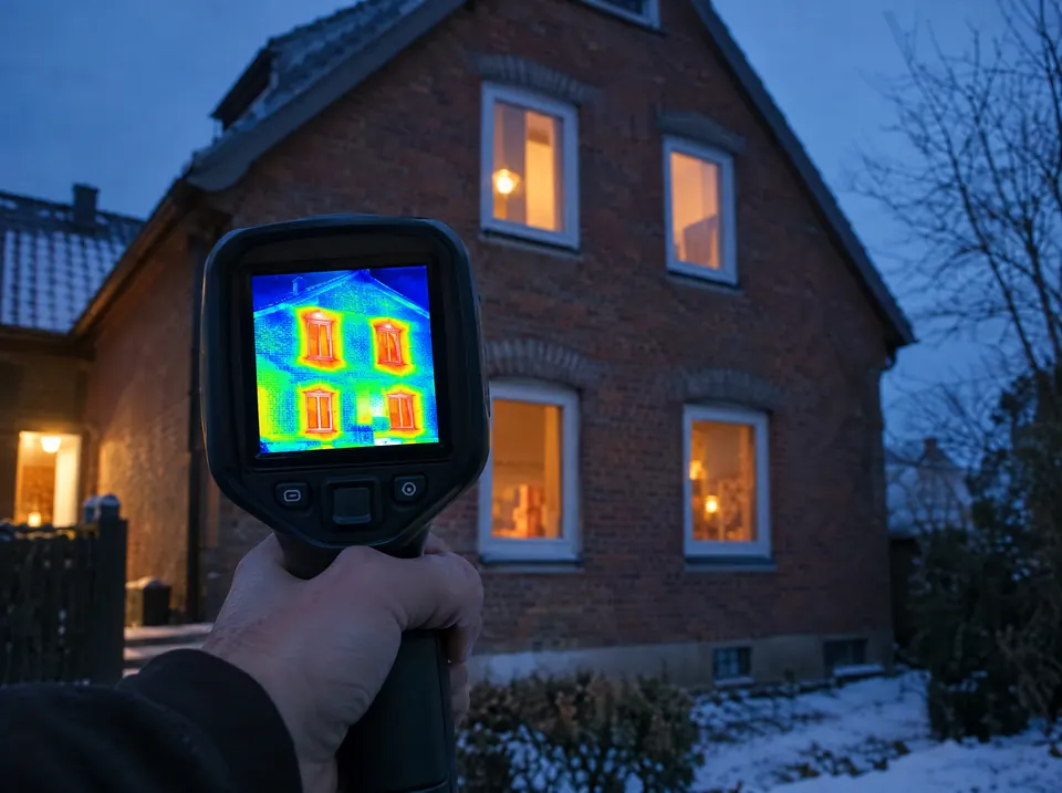 Wärmebildkamera zeigt Wärmeverluste an den Fenstern eines Backsteinhauses